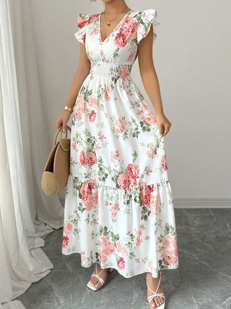 Elegante Dames A-Lijn Jurk met V-Hals en Bloemenprint