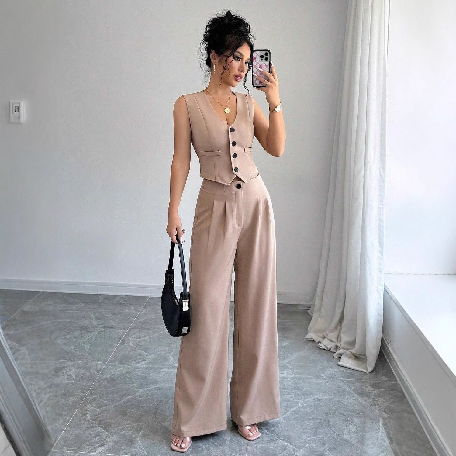 Dames V-hals Vest en Hoge Taille Broek Set Elegant