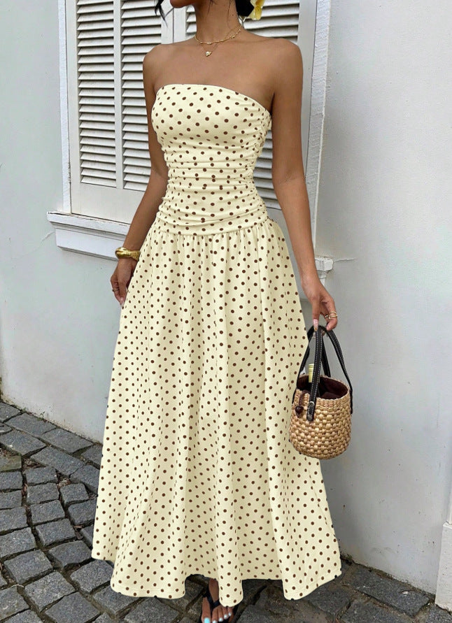 Polka Dot Mouwloze Hoge Hals Slim Fit Ruffle Maxi Jurk