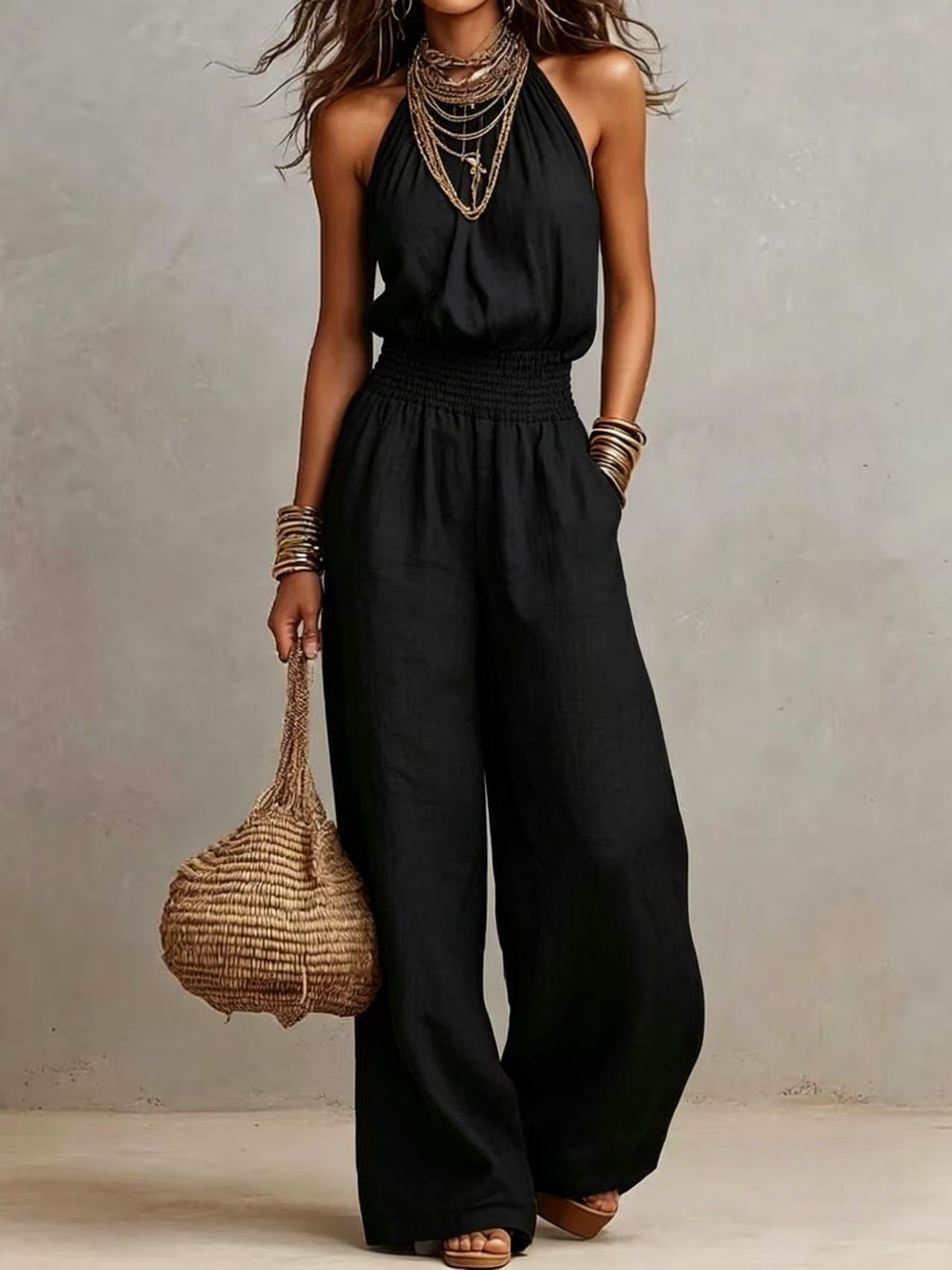 Mouwloze Linnen Jumpsuit met Open Rug voor Dames