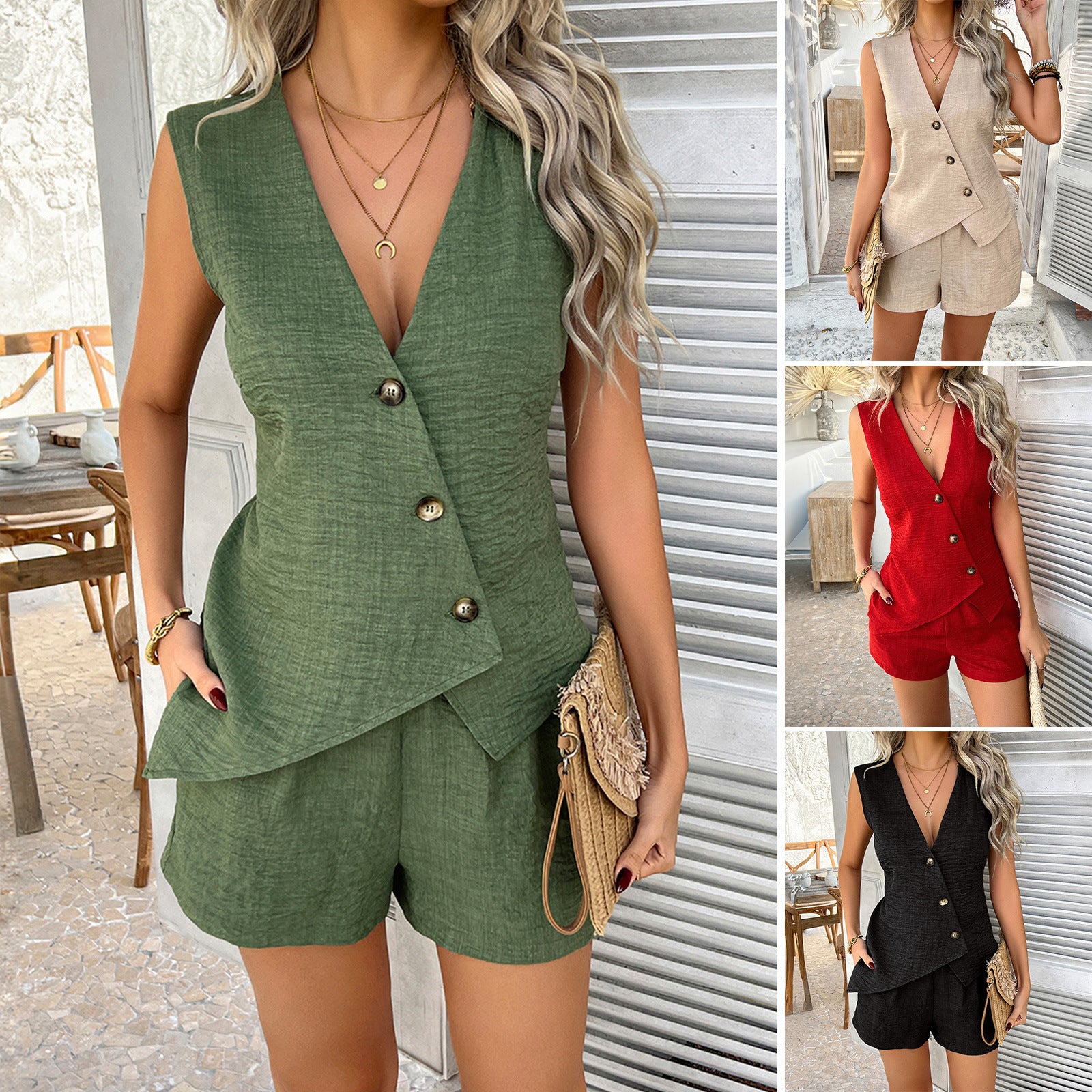 Zomerse 4-Delige Set met Vest, Top, Shorts en Pantalon
