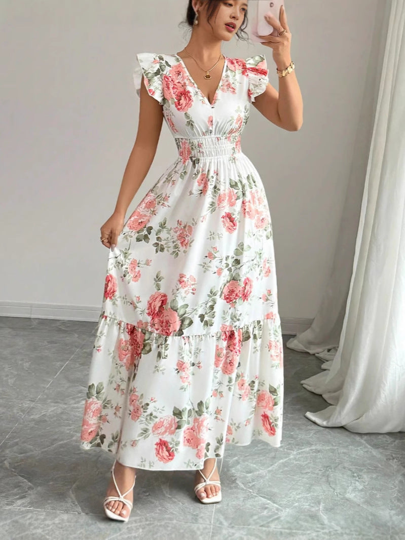 Elegante Dames A-Lijn Jurk met V-Hals en Bloemenprint