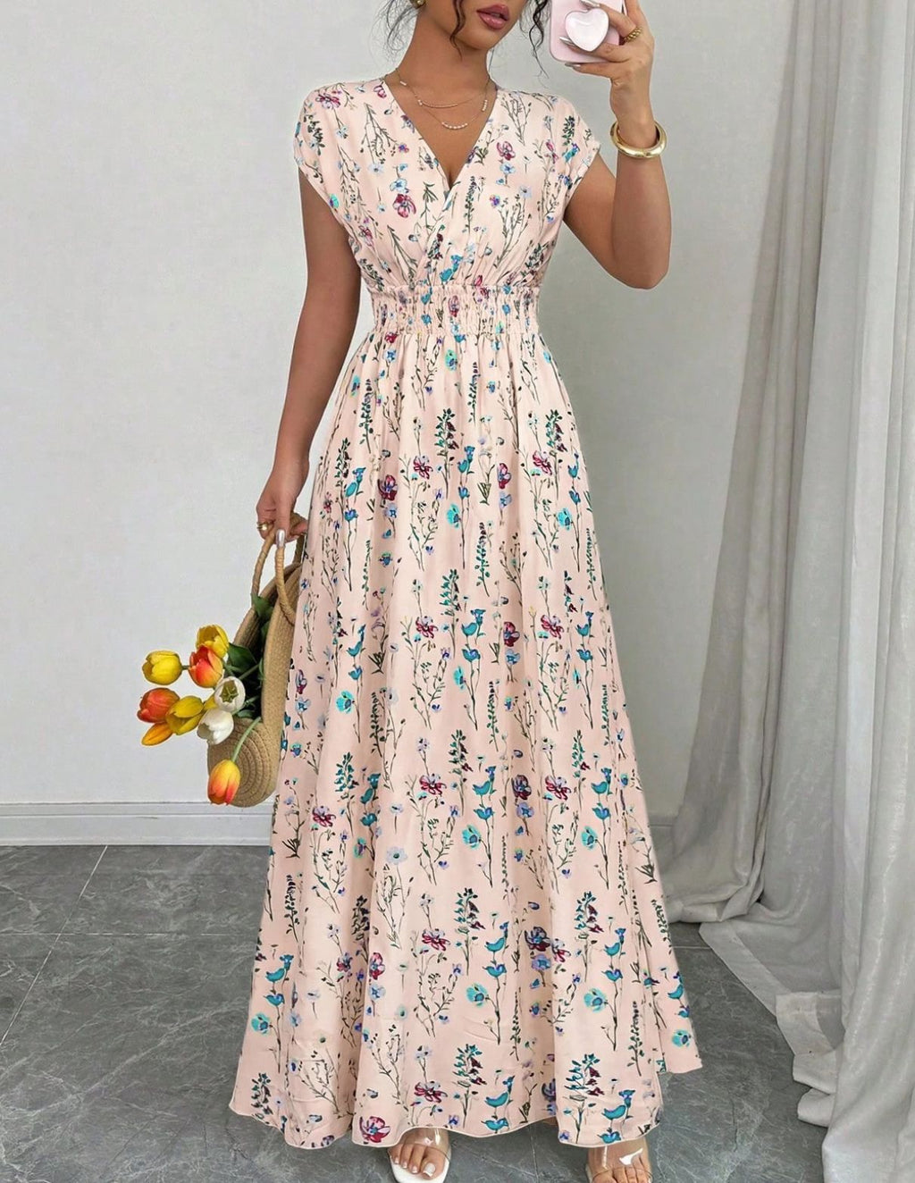 V-hals Maxi Jurk met Bloemenprint en Taille-ceintuur