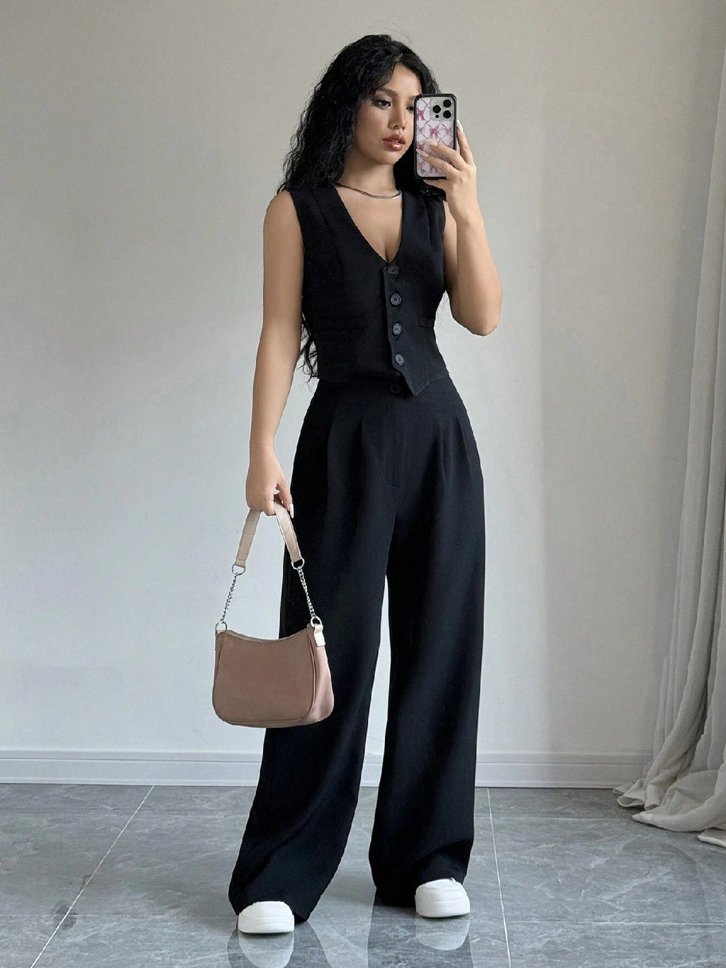 Dames V-hals Vest en Hoge Taille Broek Set Elegant