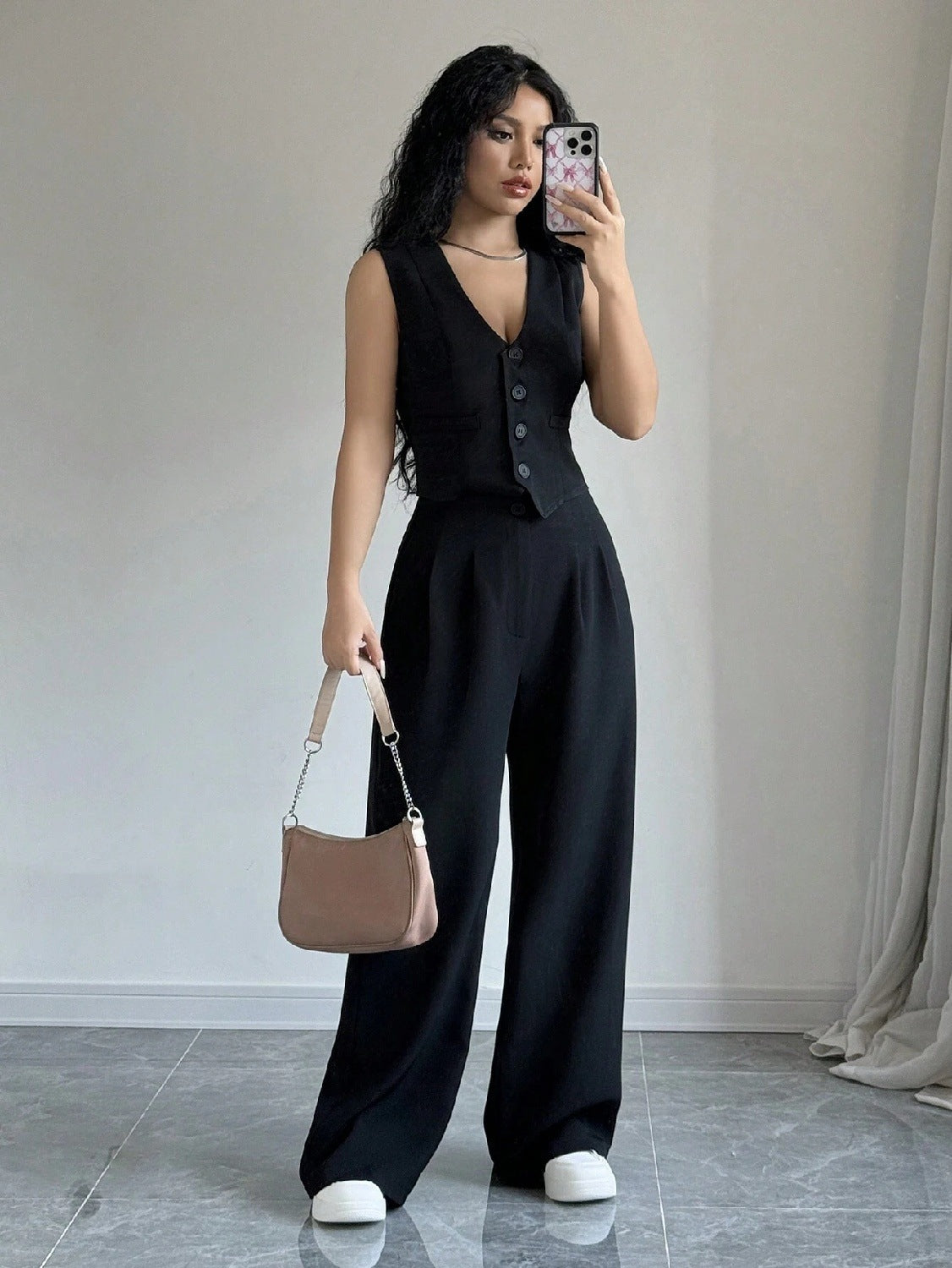 Dames V-hals Vest en Hoge Taille Broek Set Elegant