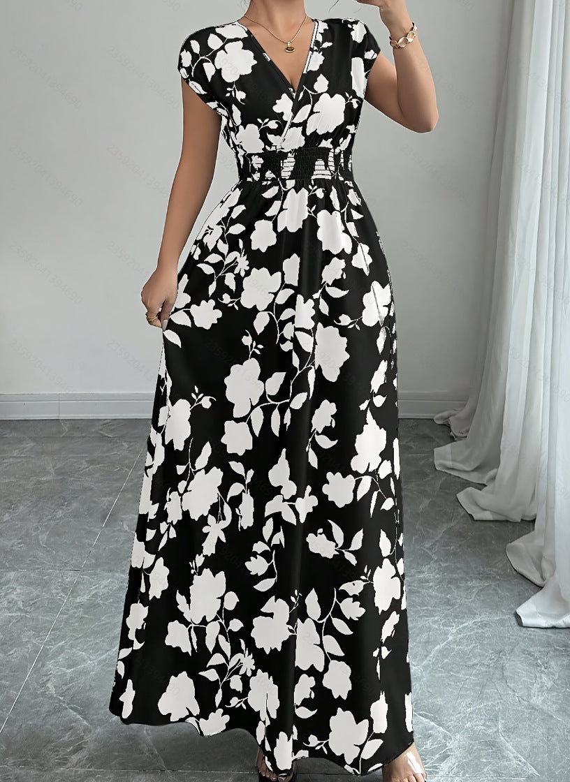 V-hals Maxi Jurk met Bloemenprint en Taille-ceintuur
