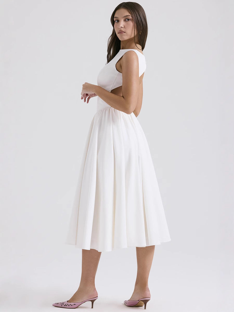 Sexy A-Lijn Zomerjurk Mouwloos Rugvrij Effen Polyester Wit Elegant