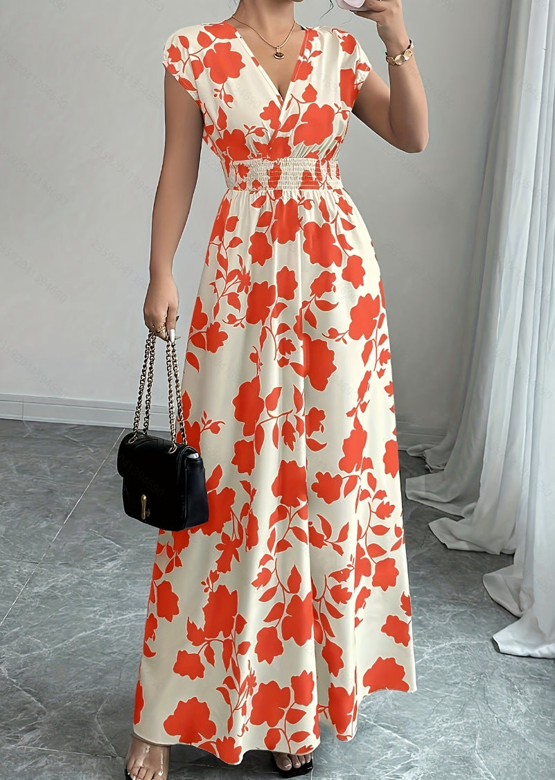 V-hals Maxi Jurk met Bloemenprint en Taille-ceintuur