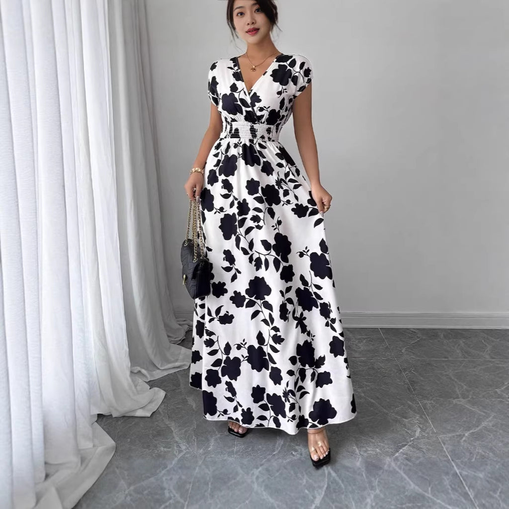 V-hals Maxi Jurk met Bloemenprint en Taille-ceintuur