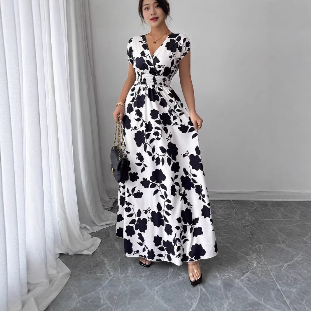 V-hals Maxi Jurk met Bloemenprint en Taille-ceintuur