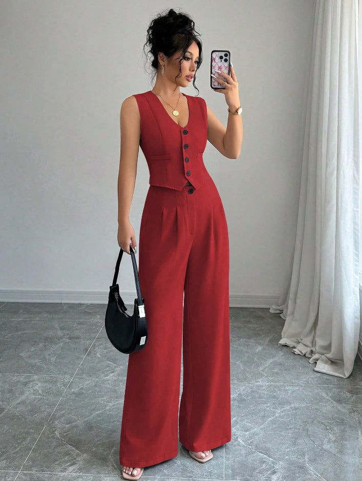 Dames V-hals Vest en Hoge Taille Broek Set Elegant