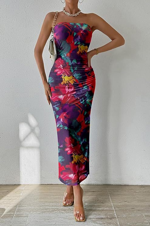 Strapless Bloemen Maxi Jurk Mouwloos Getailleerd Zomer Dames