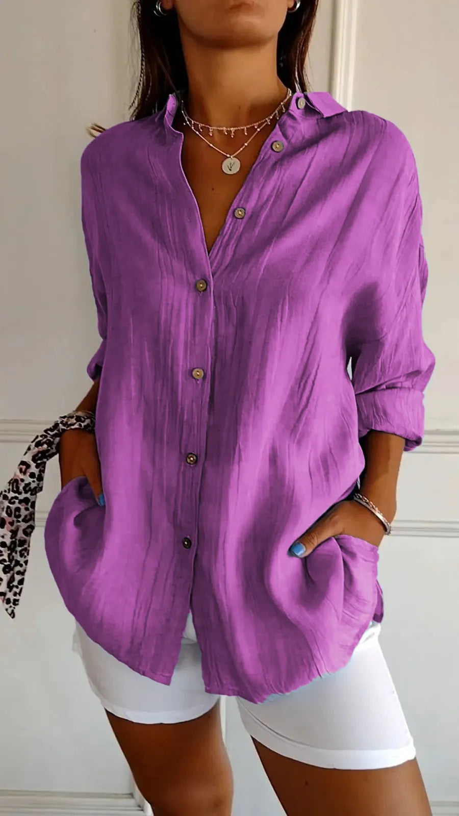 Geplooide Blouse met Revers en Knopen Lange Mouw Losse Pasvorm