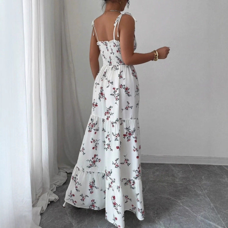 V-hals Bloemen Maxi Jurk met Spaghettibandjes Wit