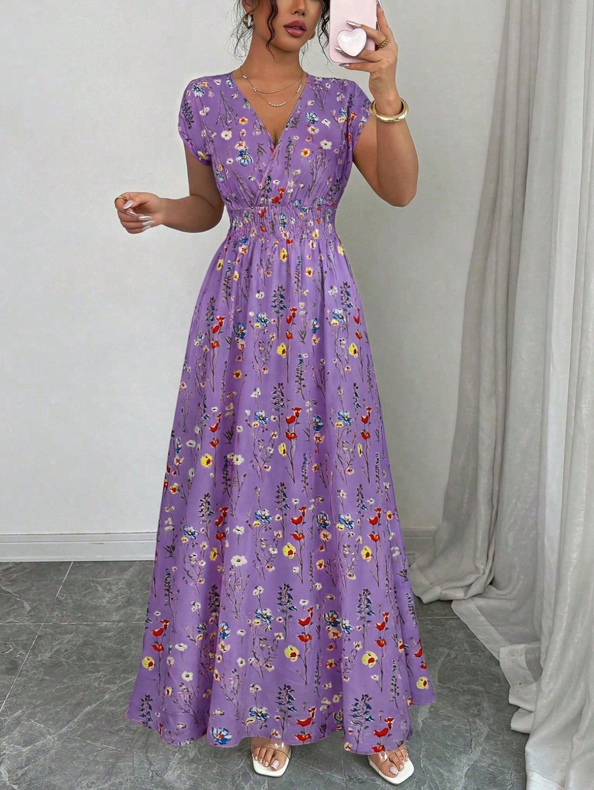 V-hals Maxi Jurk met Bloemenprint en Taille-ceintuur