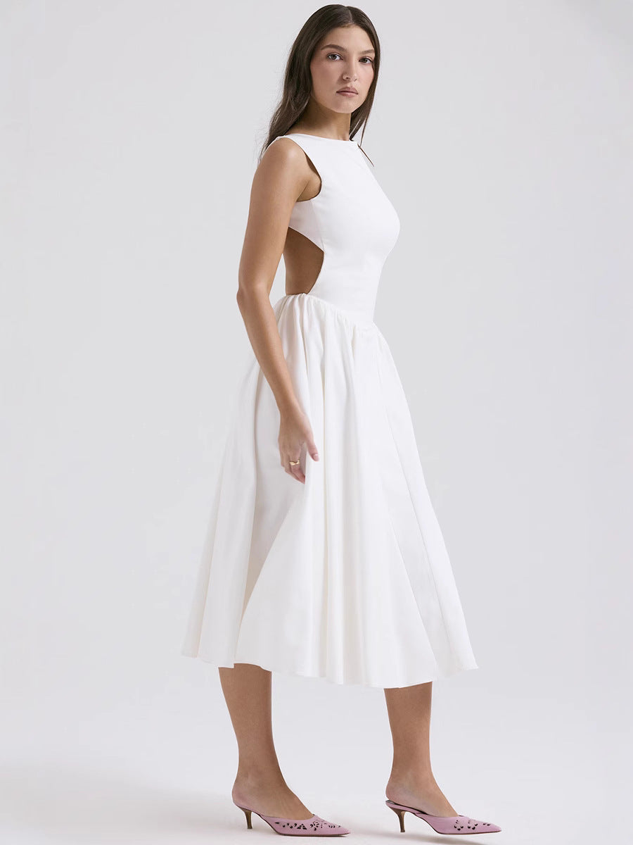 Sexy A-Lijn Zomerjurk Mouwloos Rugvrij Effen Polyester Wit Elegant