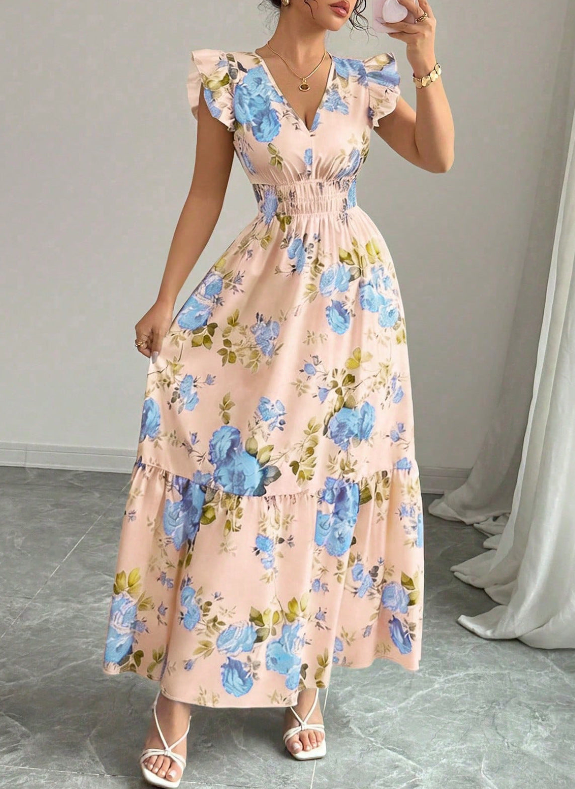 Elegante Dames A-Lijn Jurk met V-Hals en Bloemenprint