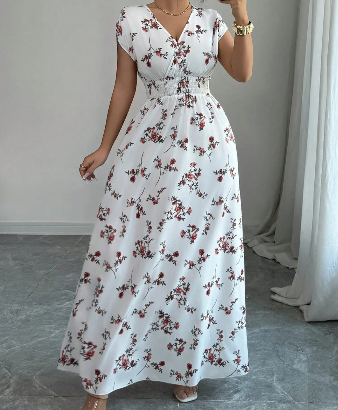 V-hals Maxi Jurk met Bloemenprint en Taille-ceintuur