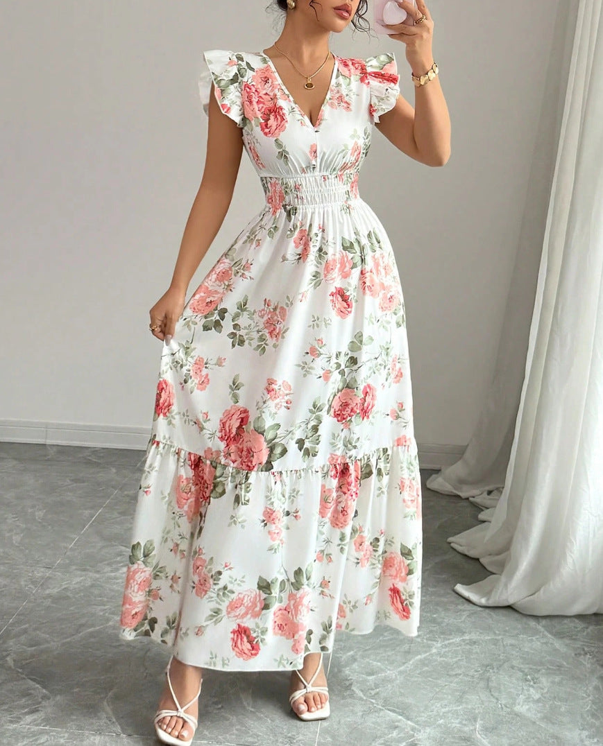 Elegante Dames A-Lijn Jurk met V-Hals en Bloemenprint