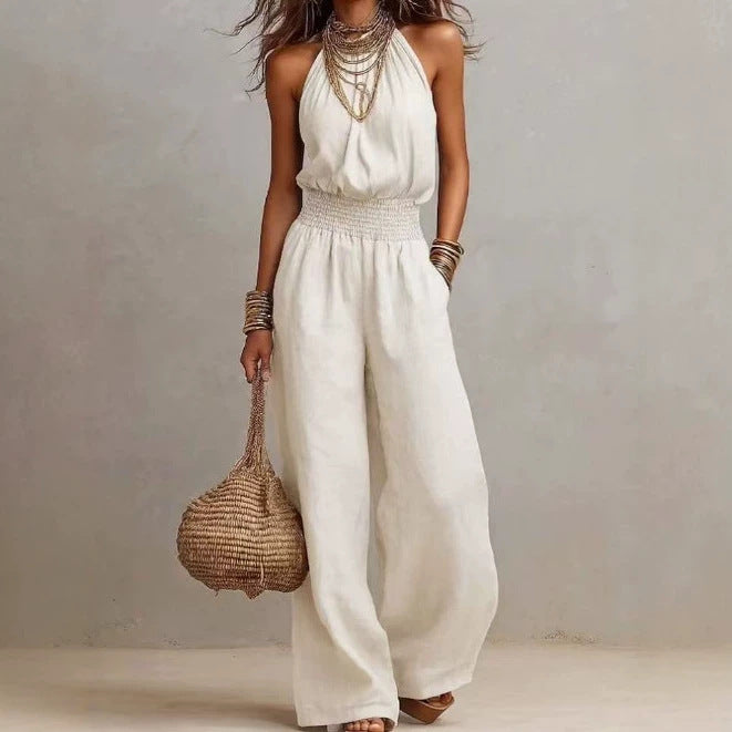 Mouwloze Linnen Jumpsuit met Open Rug voor Dames