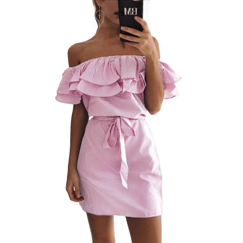 Europese Stijl Gestreepte Off-Shoulder Mini-Jurk met Ruches