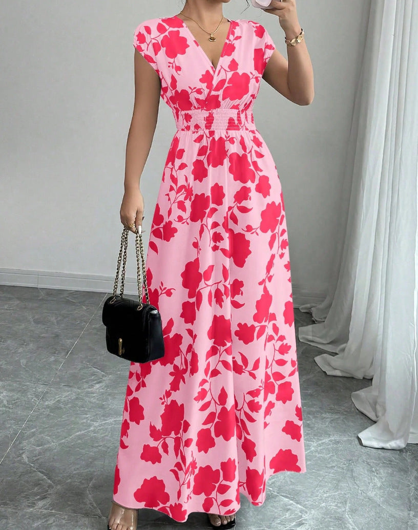 V-hals Maxi Jurk met Bloemenprint en Taille-ceintuur