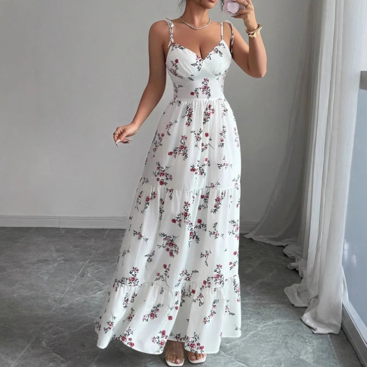 V-hals Bloemen Maxi Jurk met Spaghettibandjes Wit
