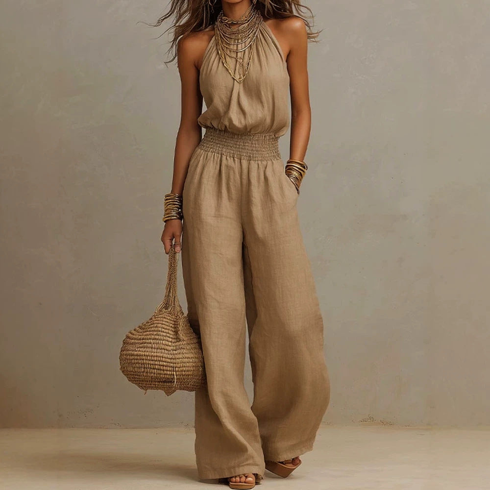 Mouwloze Linnen Jumpsuit met Open Rug voor Dames