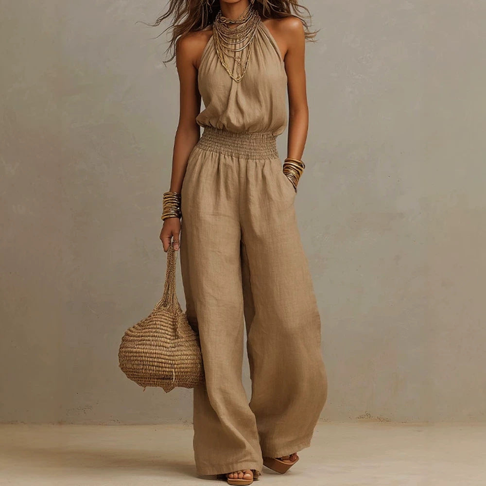 Mouwloze Linnen Jumpsuit met Open Rug voor Dames