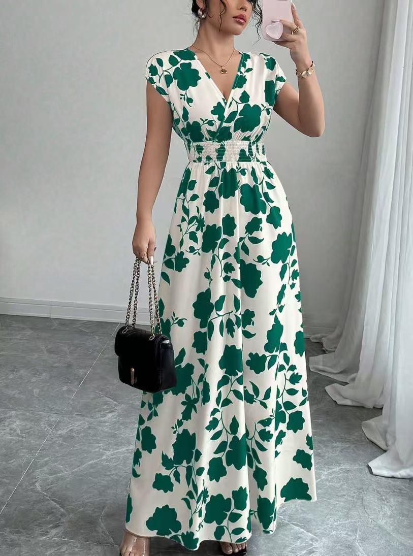 V-hals Maxi Jurk met Bloemenprint en Taille-ceintuur