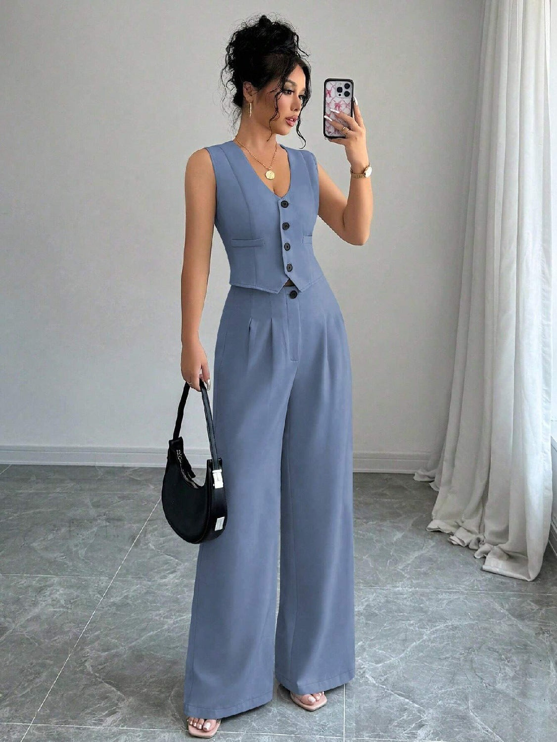 Dames V-hals Vest en Hoge Taille Broek Set Elegant