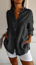 Geplooide Blouse met Revers en Knopen Lange Mouw Losse Pasvorm
