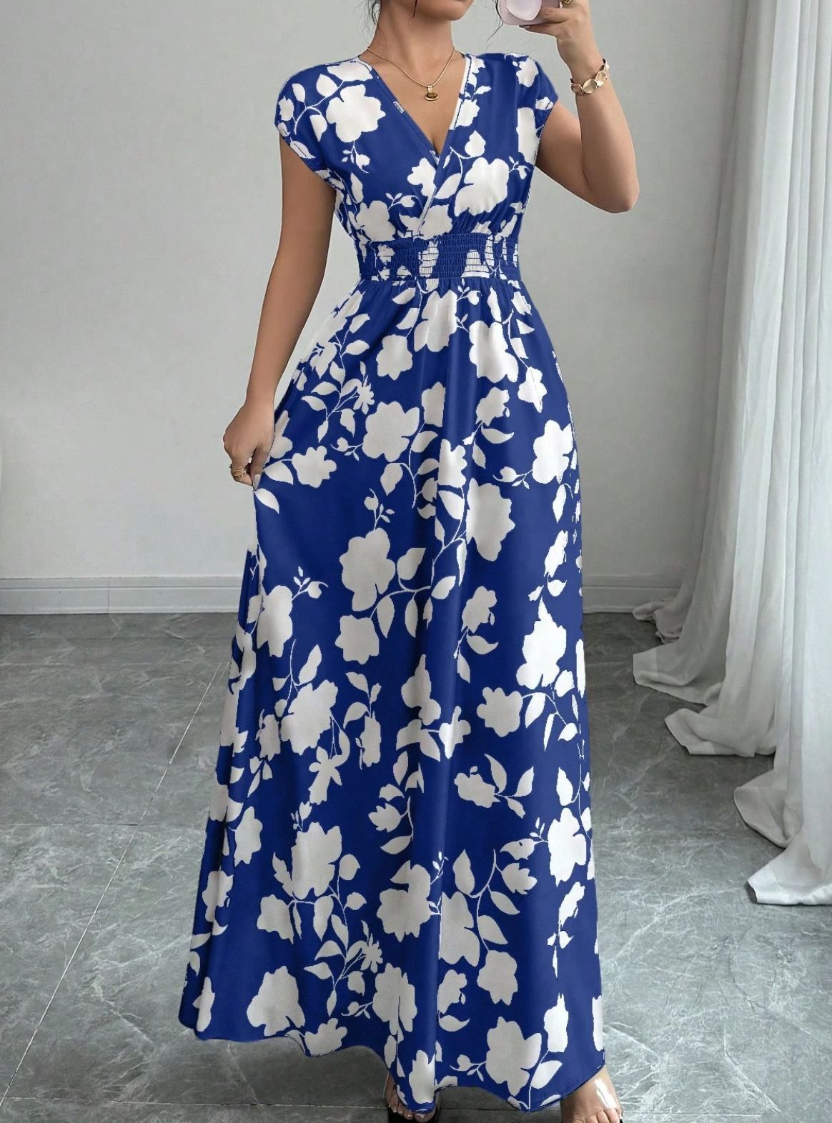 V-hals Maxi Jurk met Bloemenprint en Taille-ceintuur
