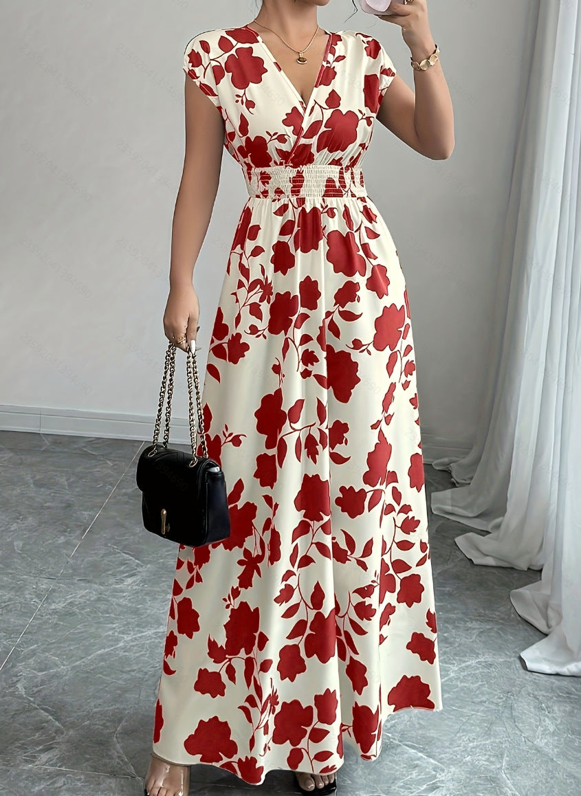 V-hals Maxi Jurk met Bloemenprint en Taille-ceintuur