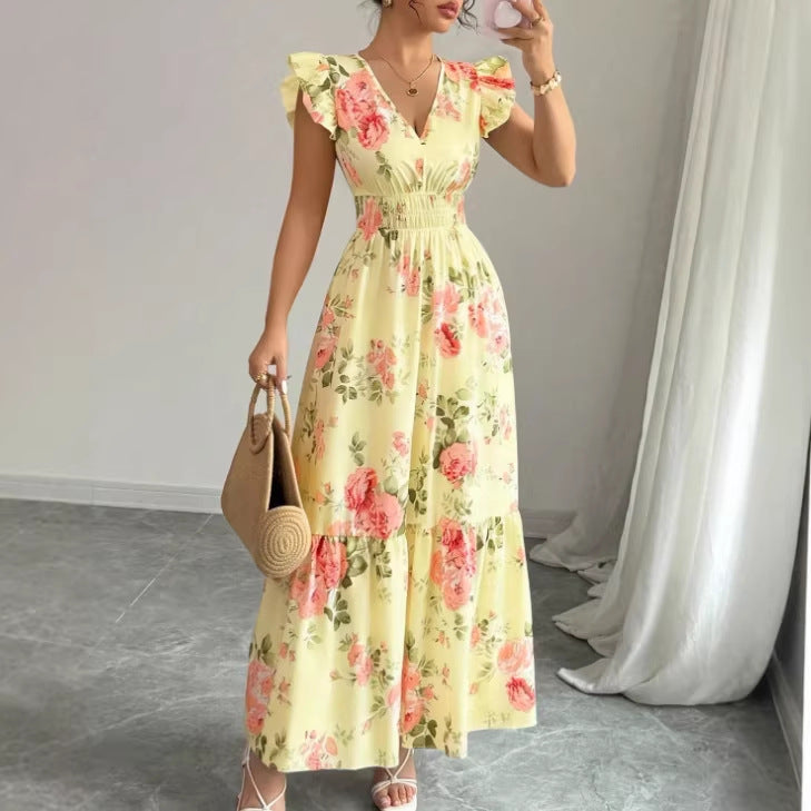 Elegante Dames A-Lijn Jurk met V-Hals en Bloemenprint