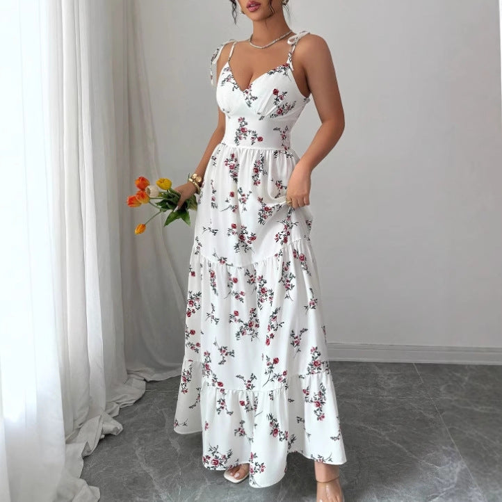 V-hals Bloemen Maxi Jurk met Spaghettibandjes Wit