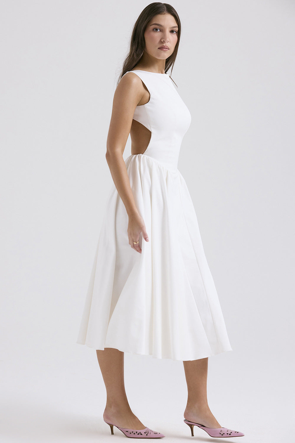 Sexy A-Lijn Zomerjurk Mouwloos Rugvrij Effen Polyester Wit Elegant
