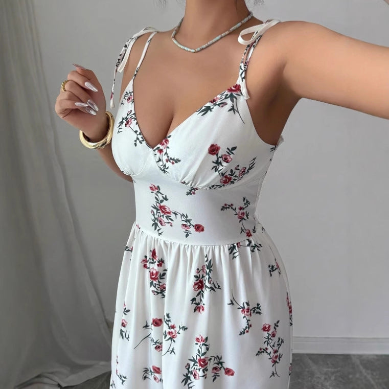 V-hals Bloemen Maxi Jurk met Spaghettibandjes Wit