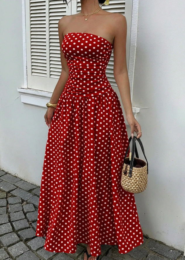 Polka Dot Mouwloze Hoge Hals Slim Fit Ruffle Maxi Jurk