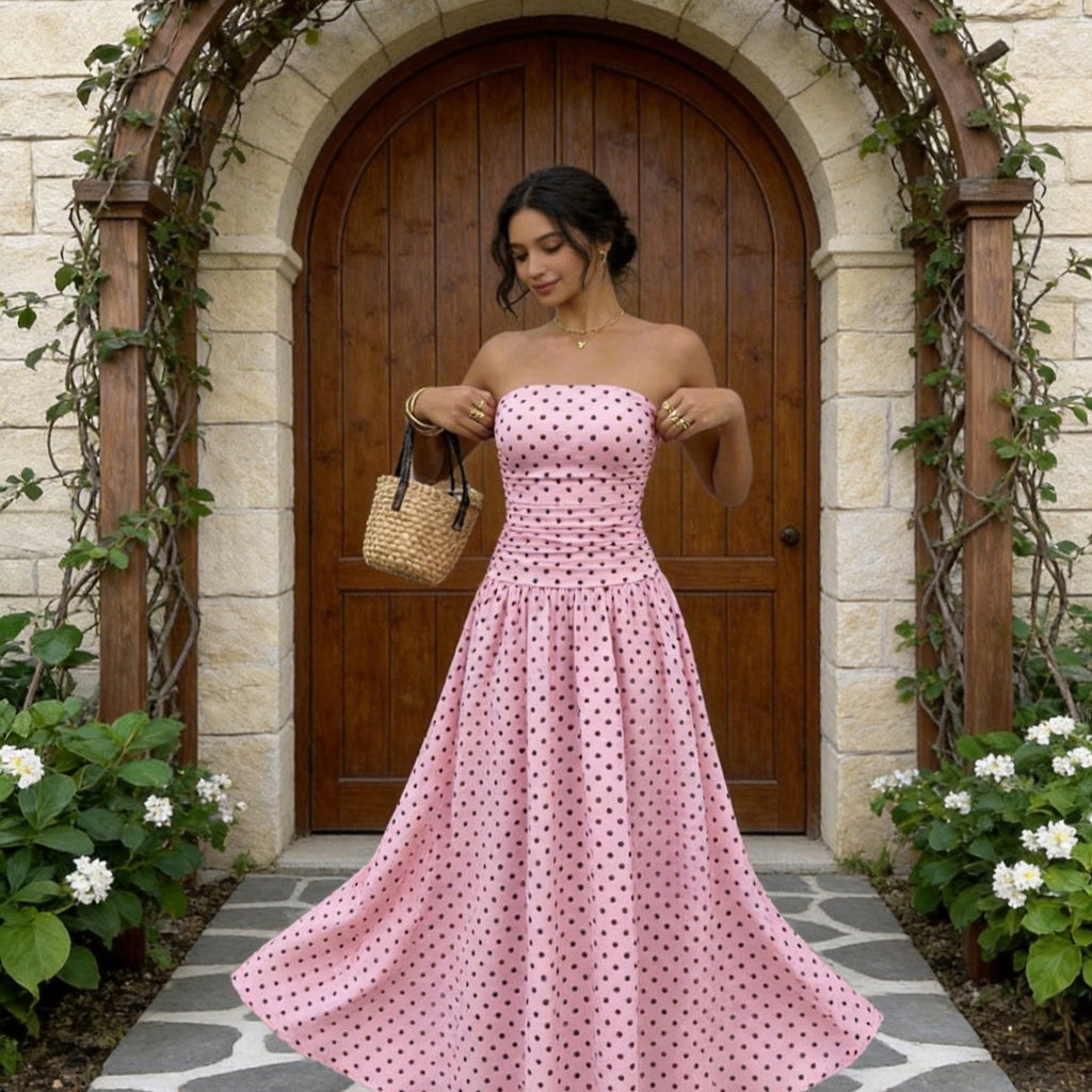 Polka Dot Mouwloze Hoge Hals Slim Fit Ruffle Maxi Jurk