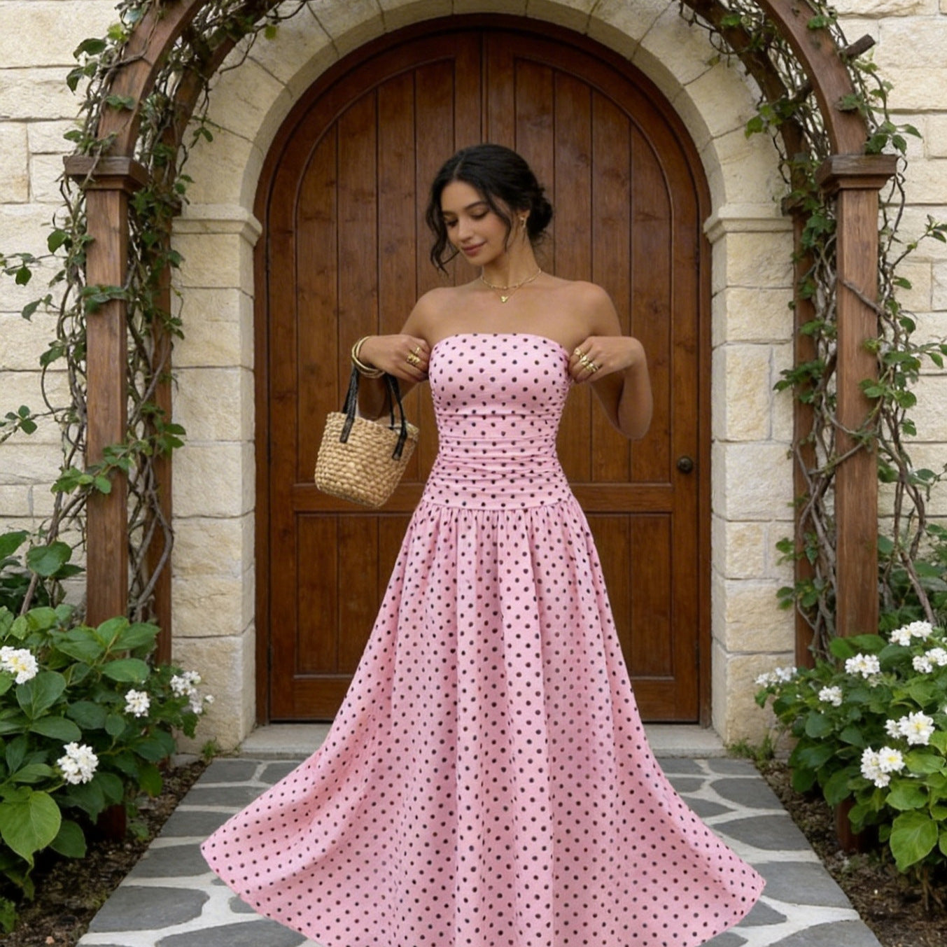 Polka Dot Mouwloze Hoge Hals Slim Fit Ruffle Maxi Jurk