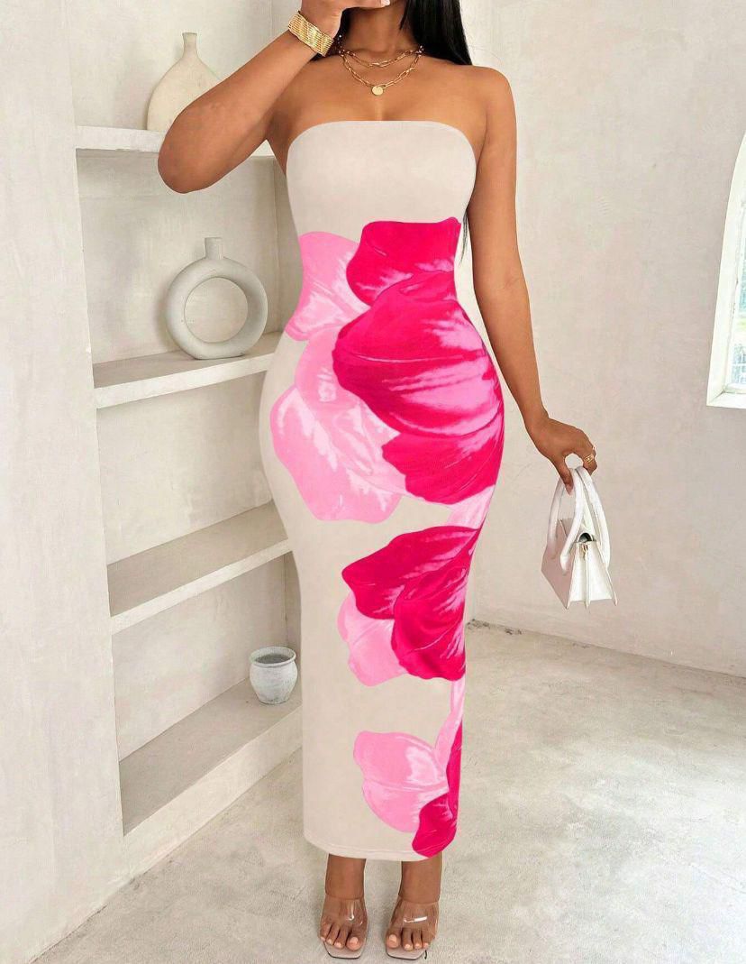 Strapless Bloemen Maxi Jurk Mouwloos Getailleerd Zomer Dames