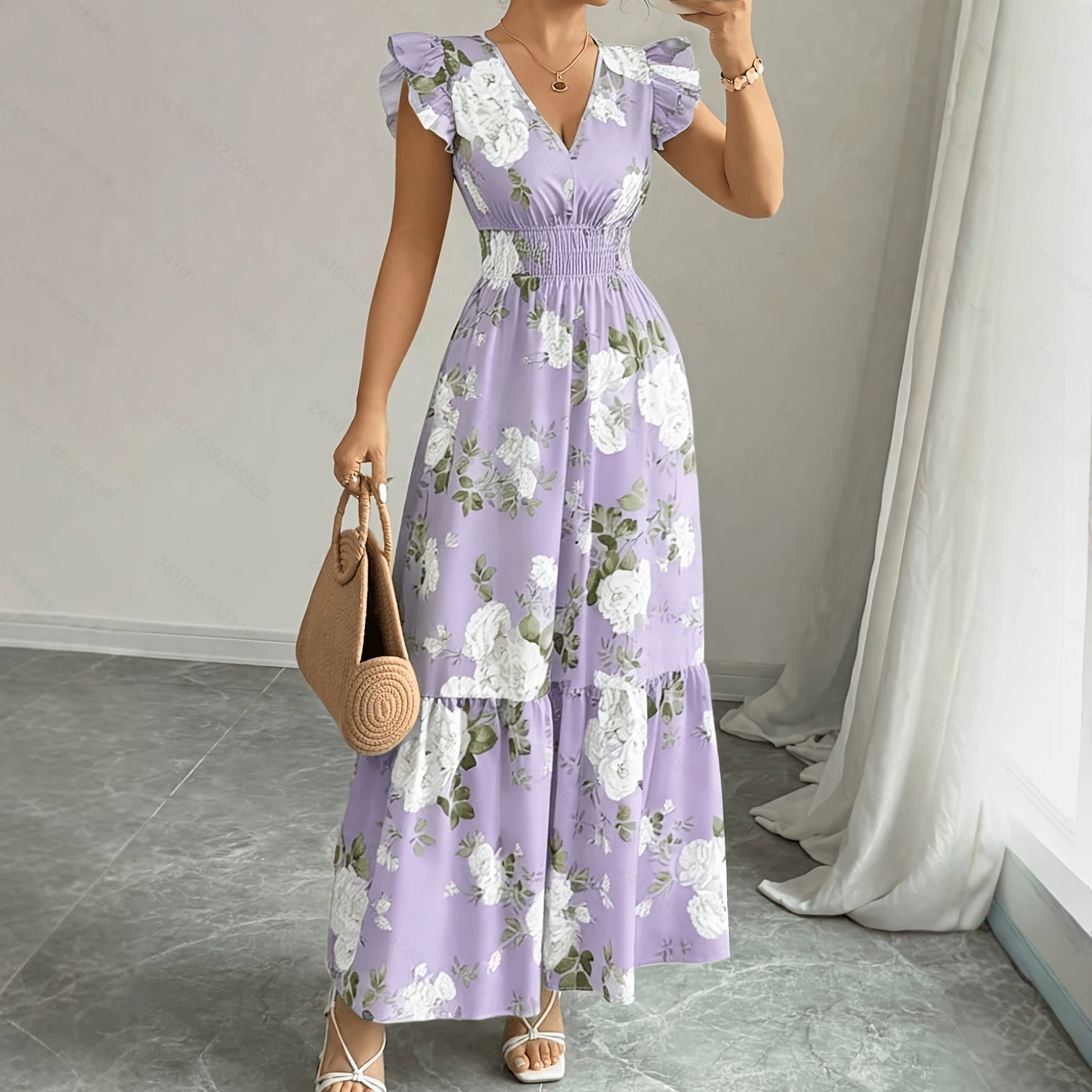 Elegante Dames A-Lijn Jurk met V-Hals en Bloemenprint
