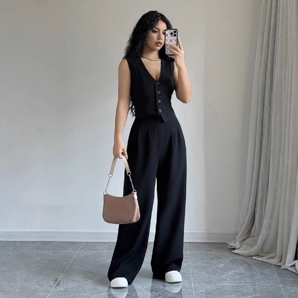 Dames V-hals Vest en Hoge Taille Broek Set Elegant