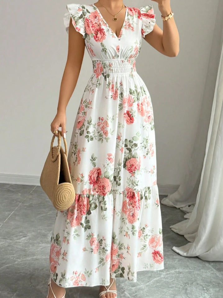 Elegante Dames A-Lijn Jurk met V-Hals en Bloemenprint