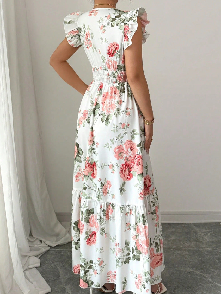Elegante Dames A-Lijn Jurk met V-Hals en Bloemenprint