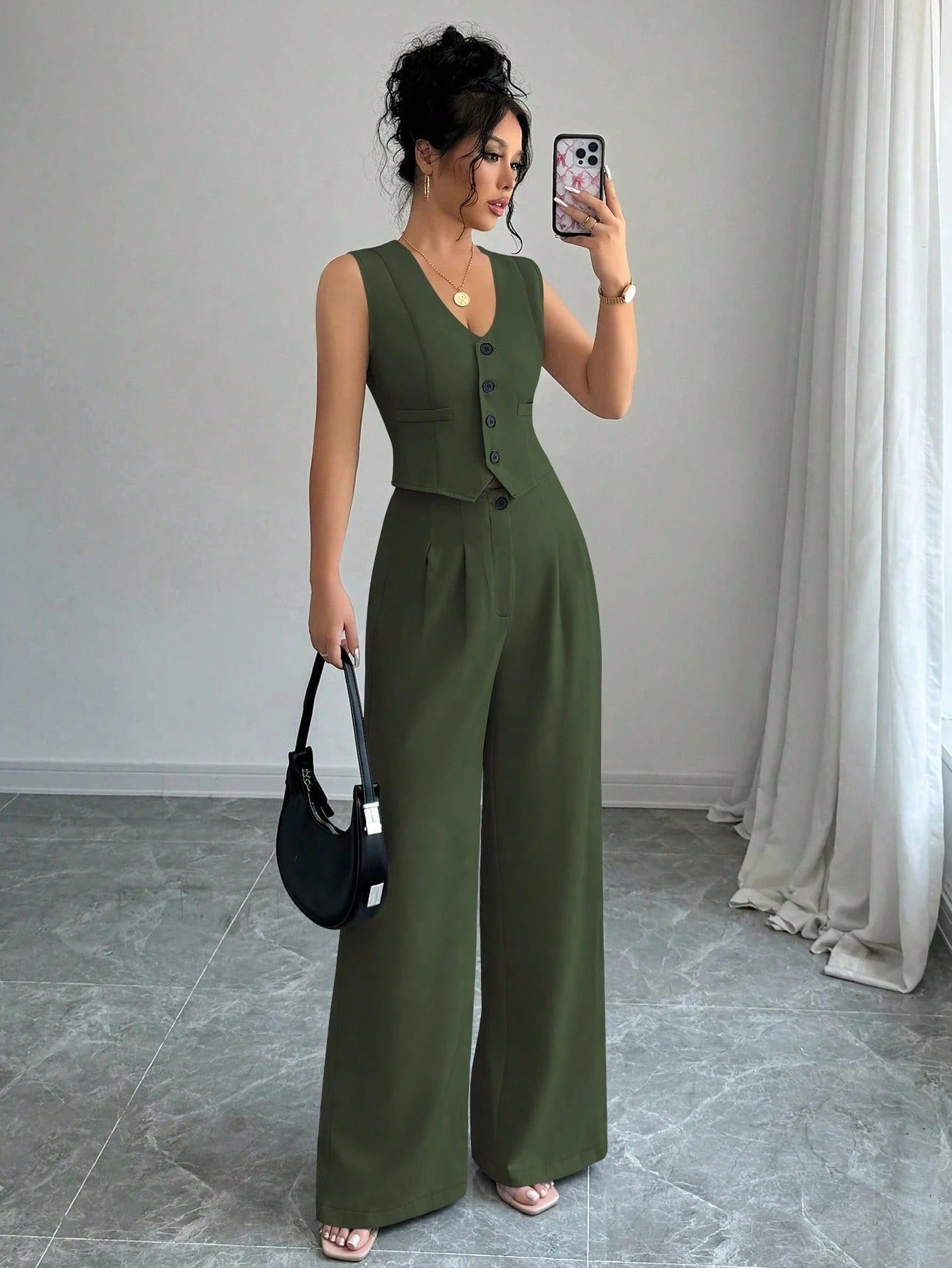 Dames V-hals Vest en Hoge Taille Broek Set Elegant