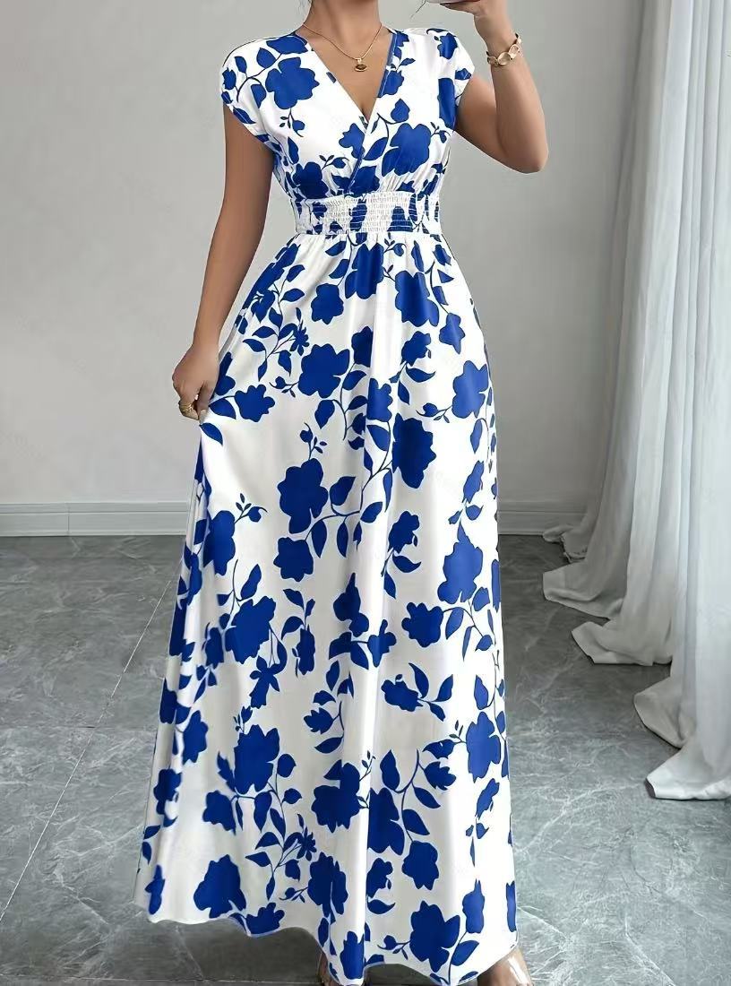 V-hals Maxi Jurk met Bloemenprint en Taille-ceintuur