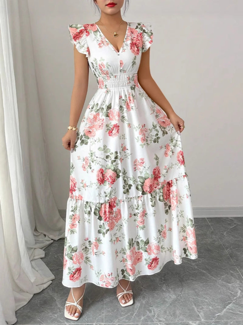 Elegante Dames A-Lijn Jurk met V-Hals en Bloemenprint