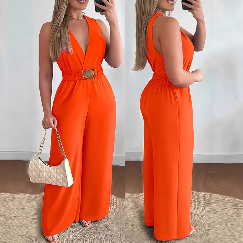 Elegante Mouwloze Jumpsuit met Diepe V-Hals en Wijde Pijpen